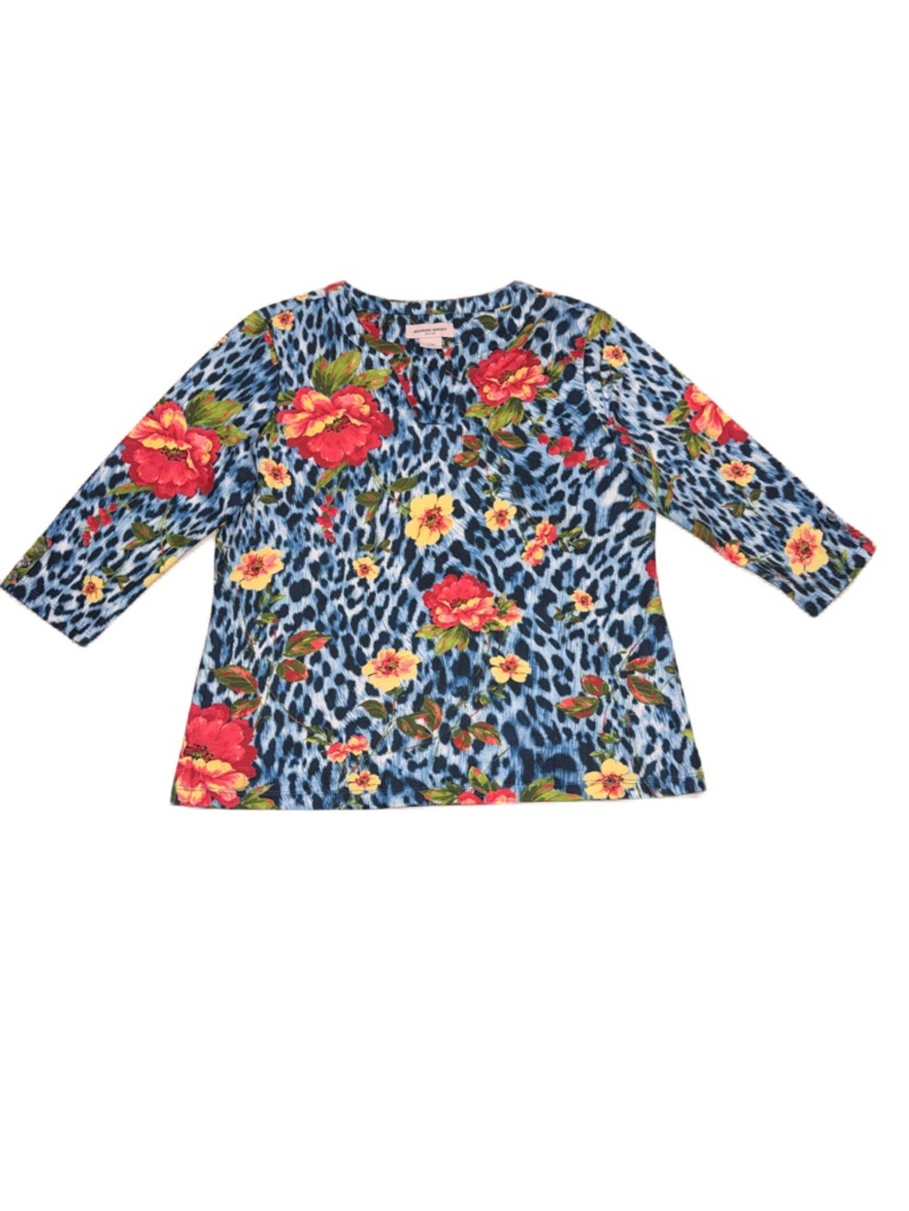 Allison Daley Women's Petite Medium Blue Colorful Floral Crew Top EUC Summer Fun